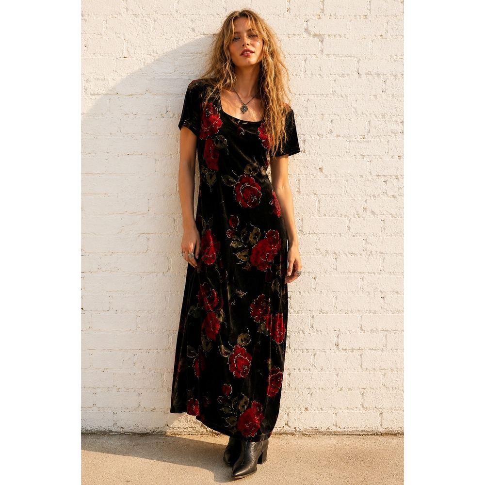 Vintage Worthington Black Red Velvet Rose Floral Maxi Dress Goth Grunge 10